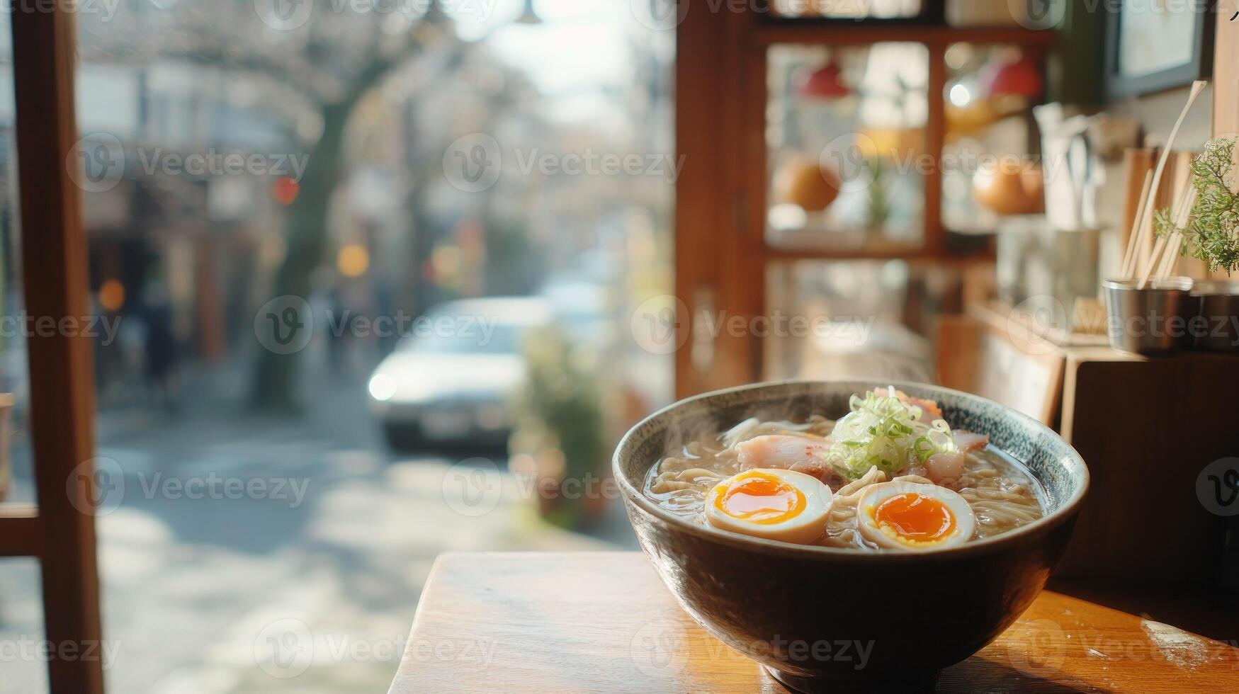 Ramen bowl, sunny cafe, city view photo