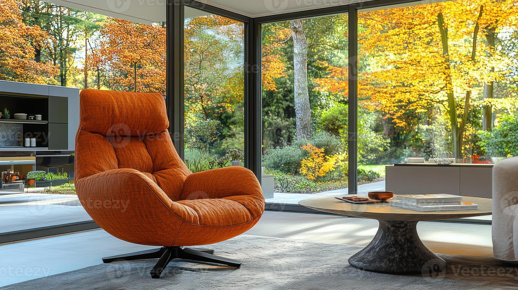 Modern orange armchair in a stylish living room with autumn views photo
