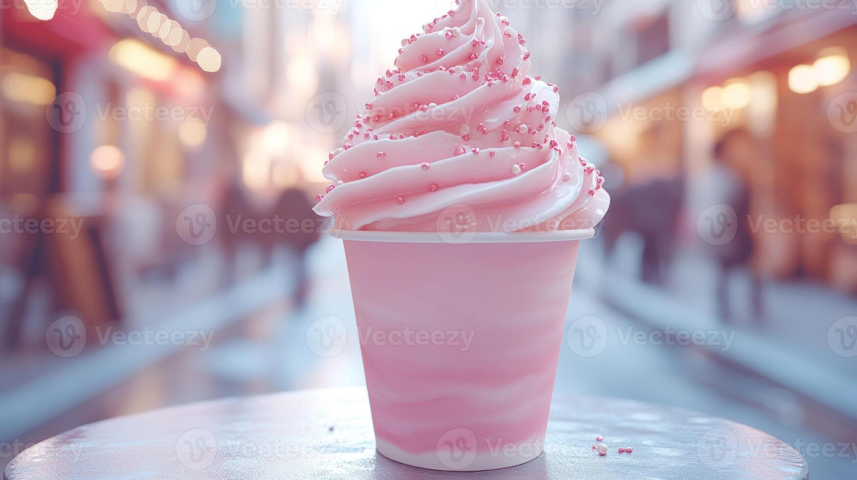 Pink ice cream cone in a cup on a city street photo