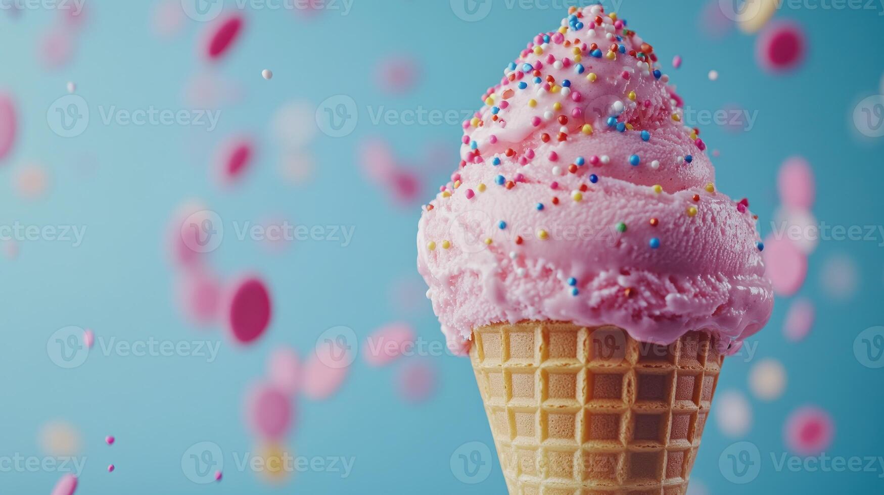 Pink ice cream cone with sprinkles photo