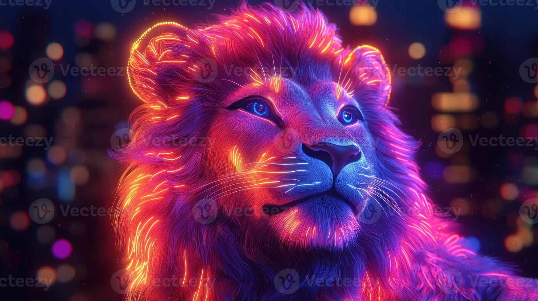 Neon lion cityscape photo