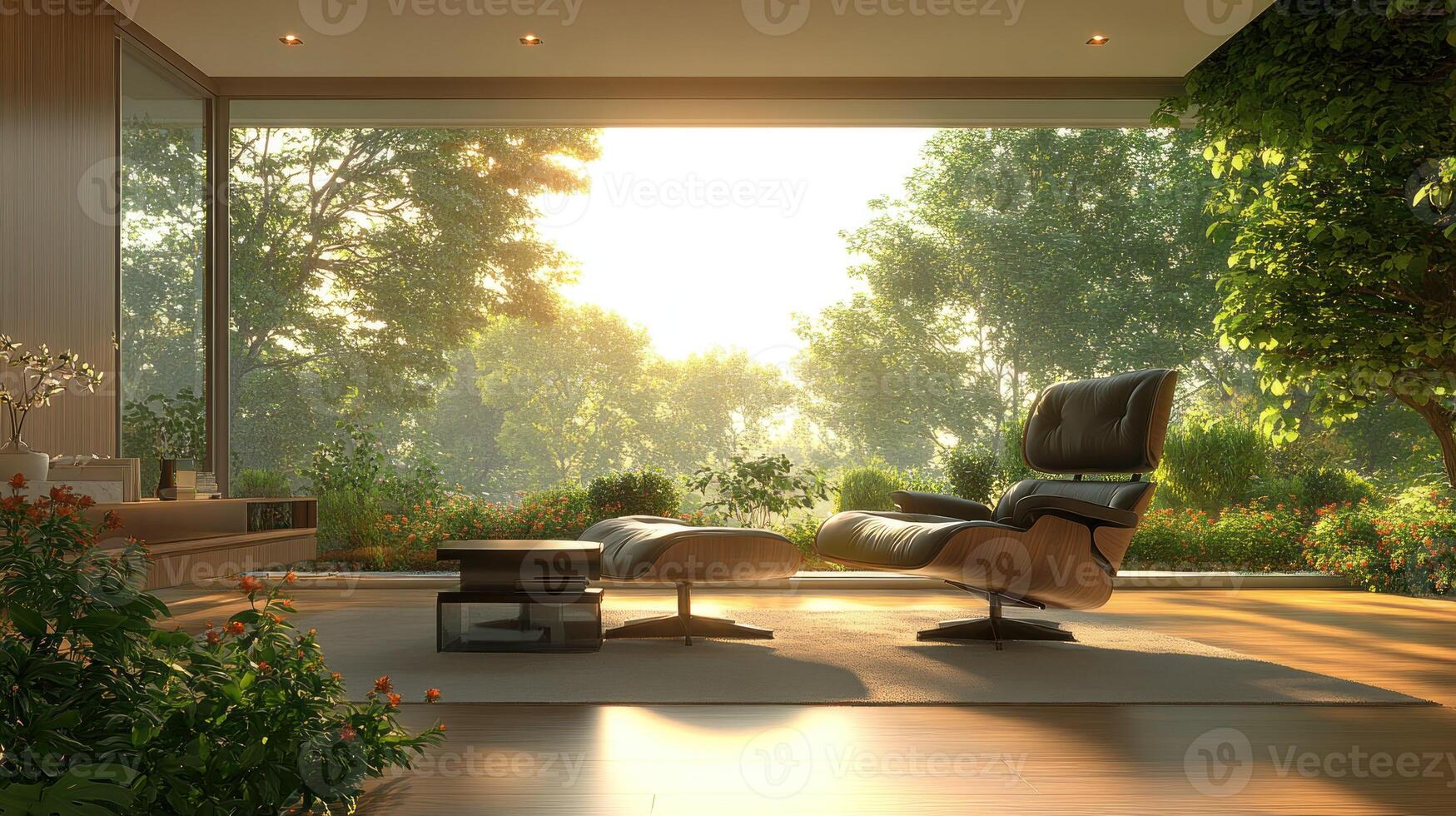 Modern living room with panoramic garden view photo