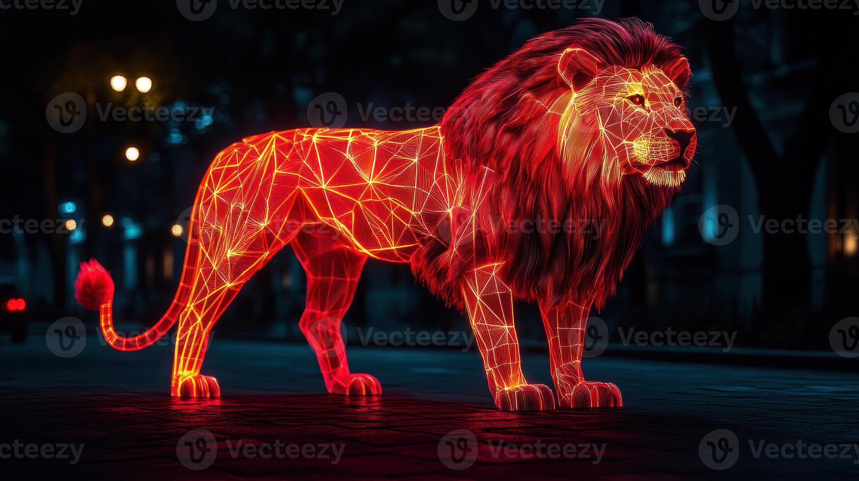 Lion, neon, polygonal, city night photo