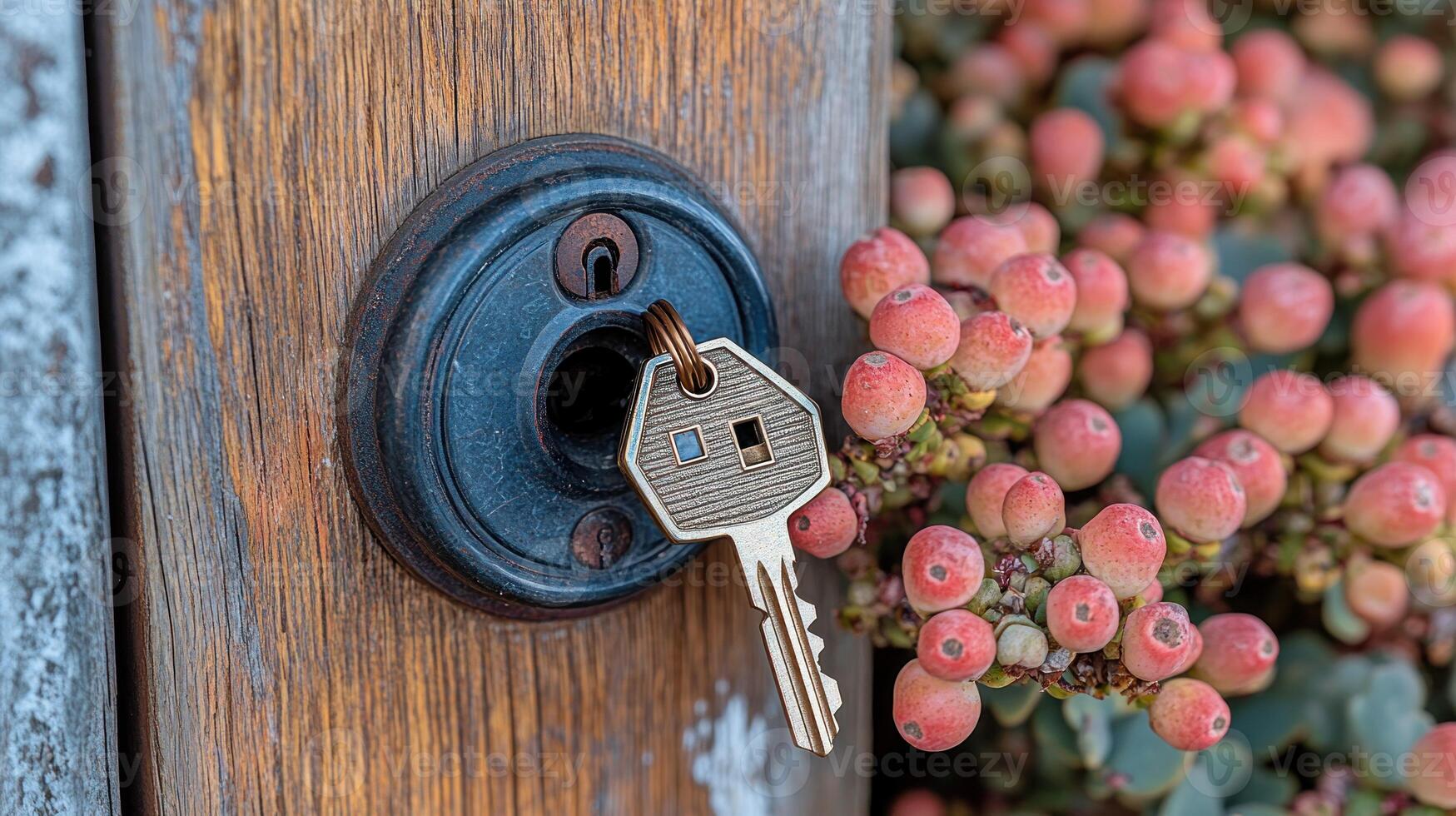 Key in a vintage wooden door lock, next to pink berries photo
