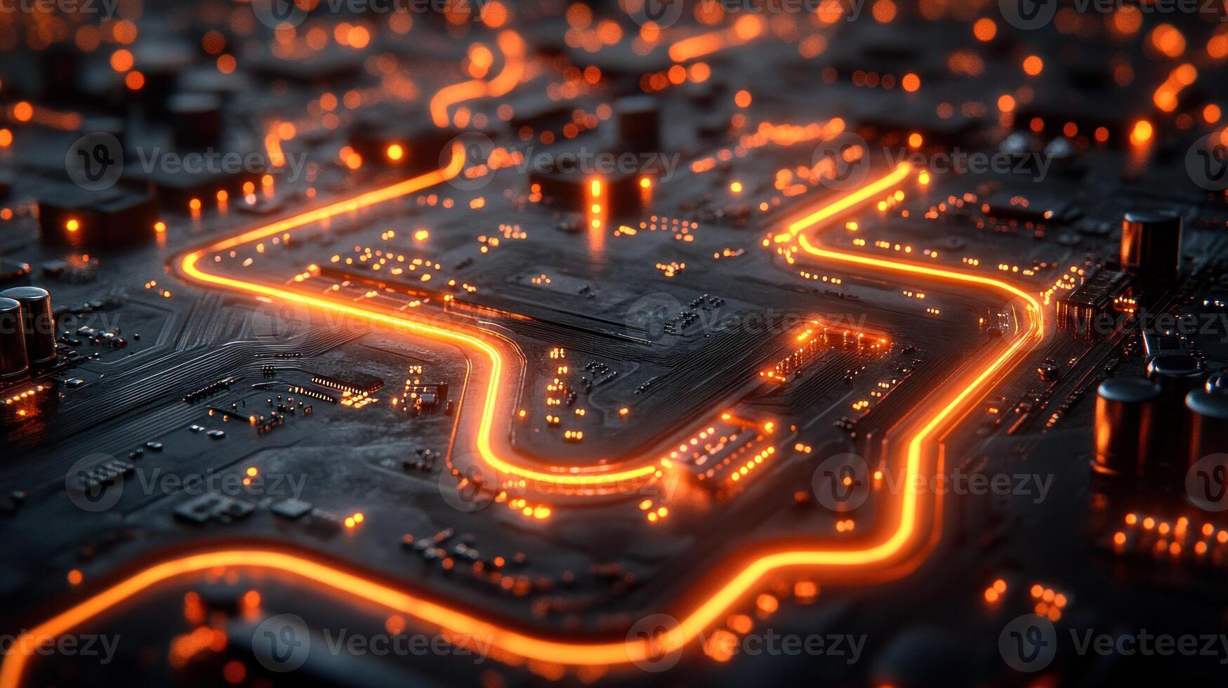 Intricate circuit board glowing with orange lines photo