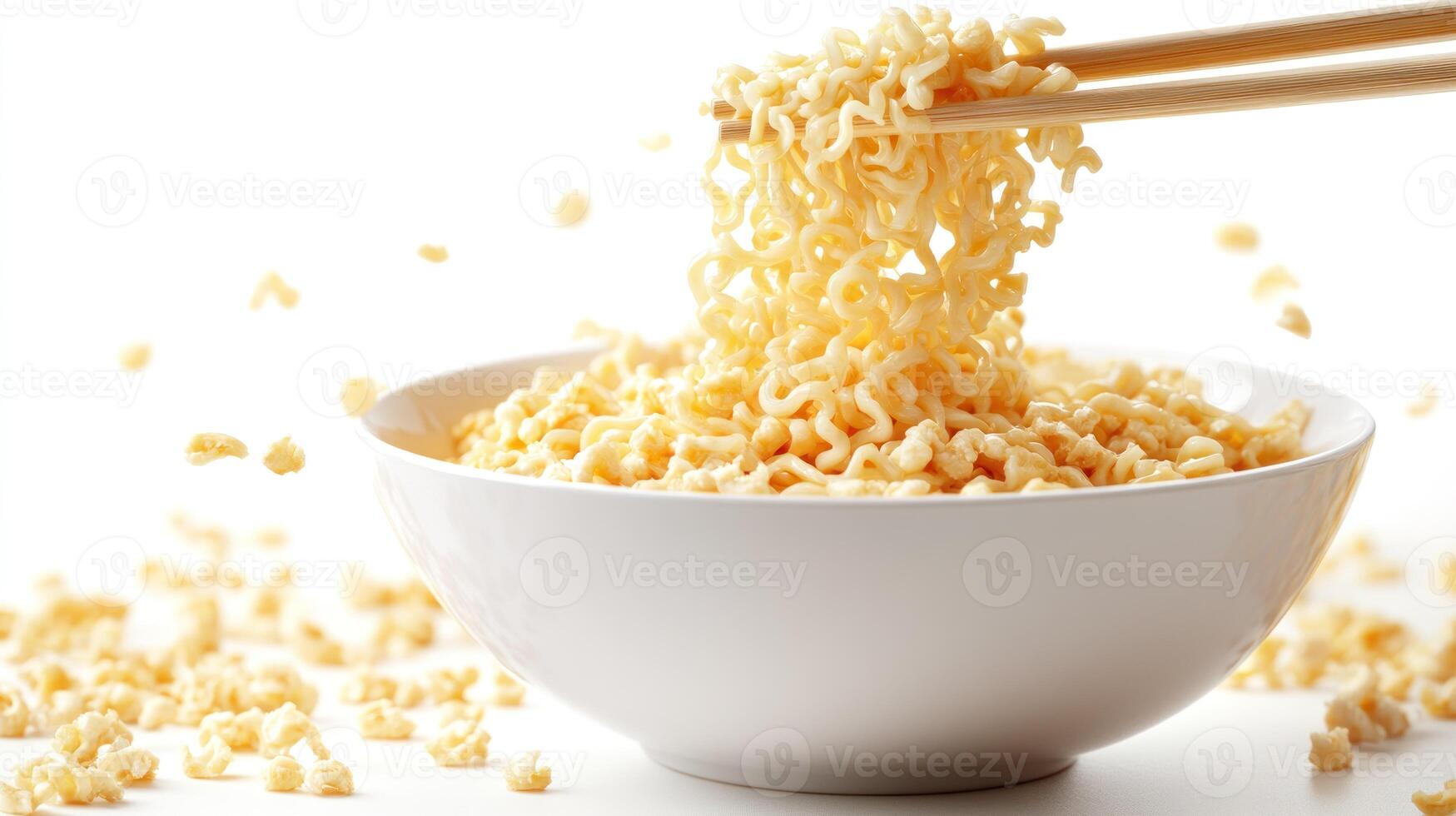 Instant noodles in a bowl, being picked up with chopsticks photo