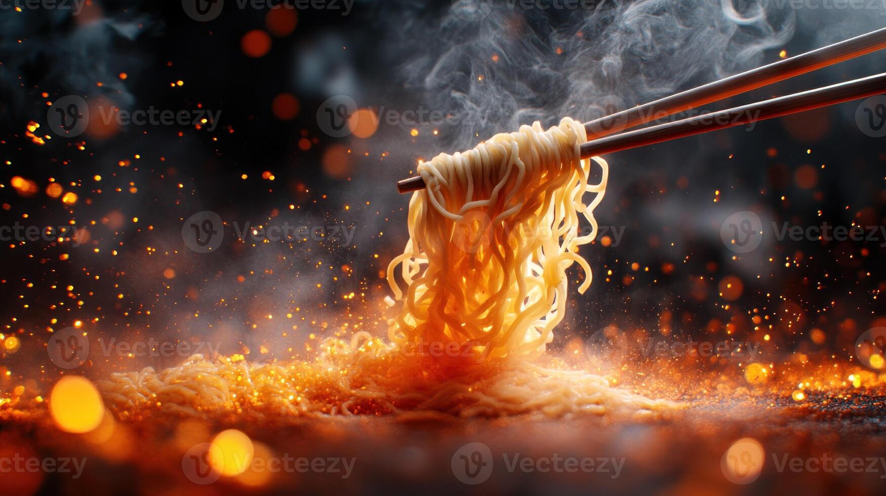 Hot, steaming noodles with chopsticks photo