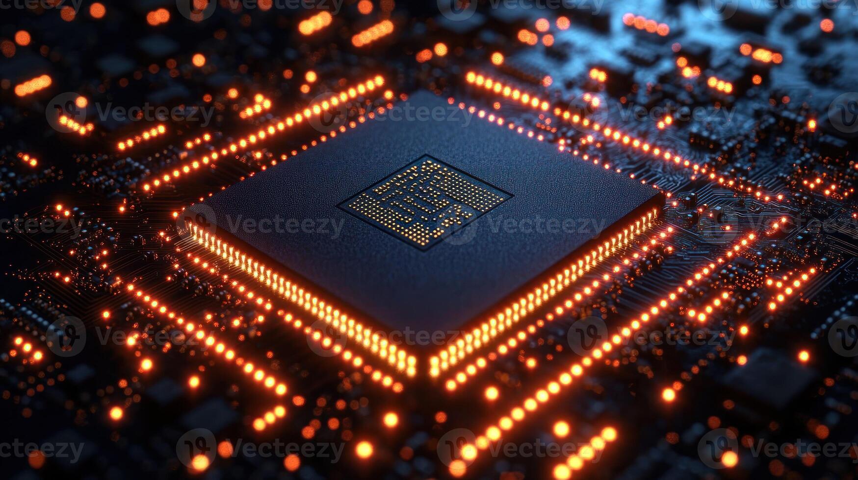 High-tech processor on circuit board glow photo