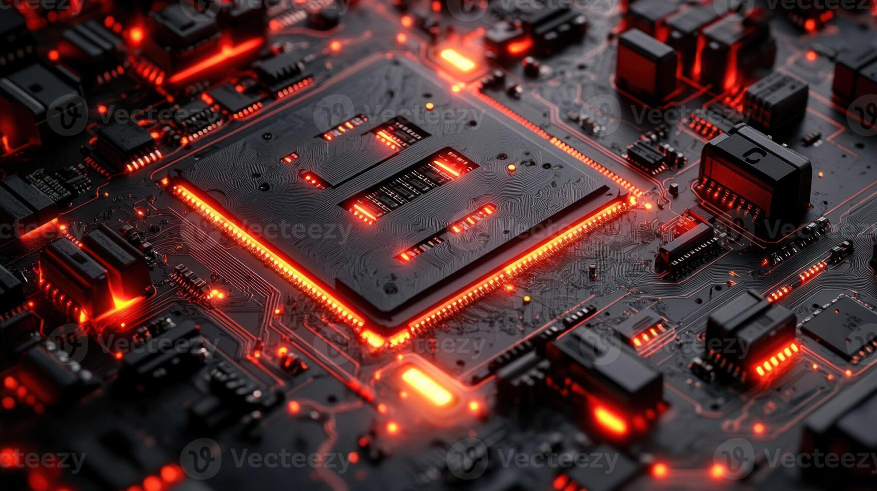 High-tech circuit board with glowing components photo
