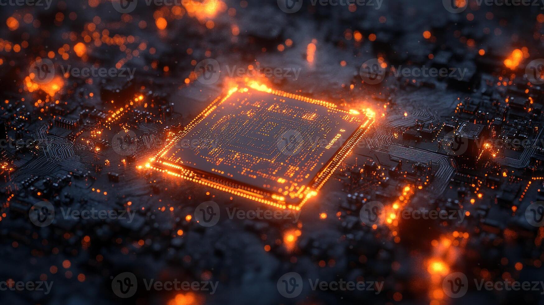 High-tech computer chip glowing intensely photo