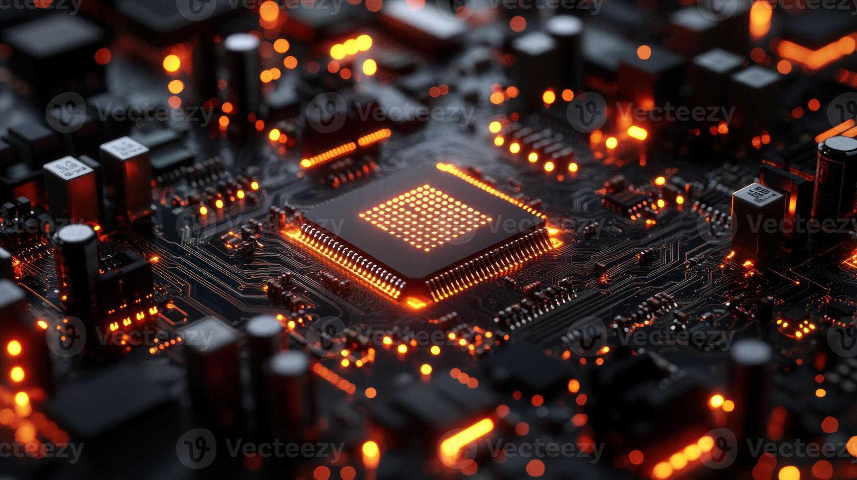 High-tech circuit board with glowing processor ver four photo