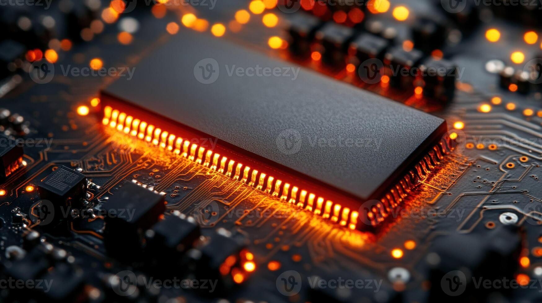 High-tech circuit board with glowing chip photo