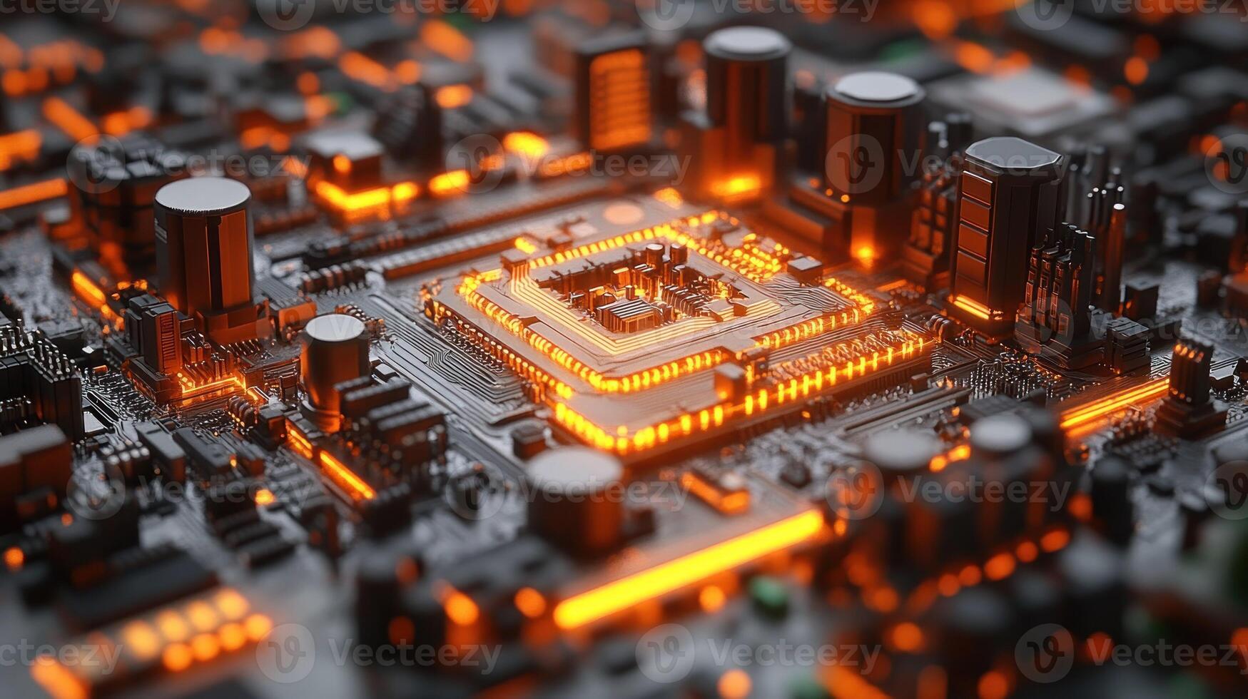 High-tech circuit board and chip close-up photo
