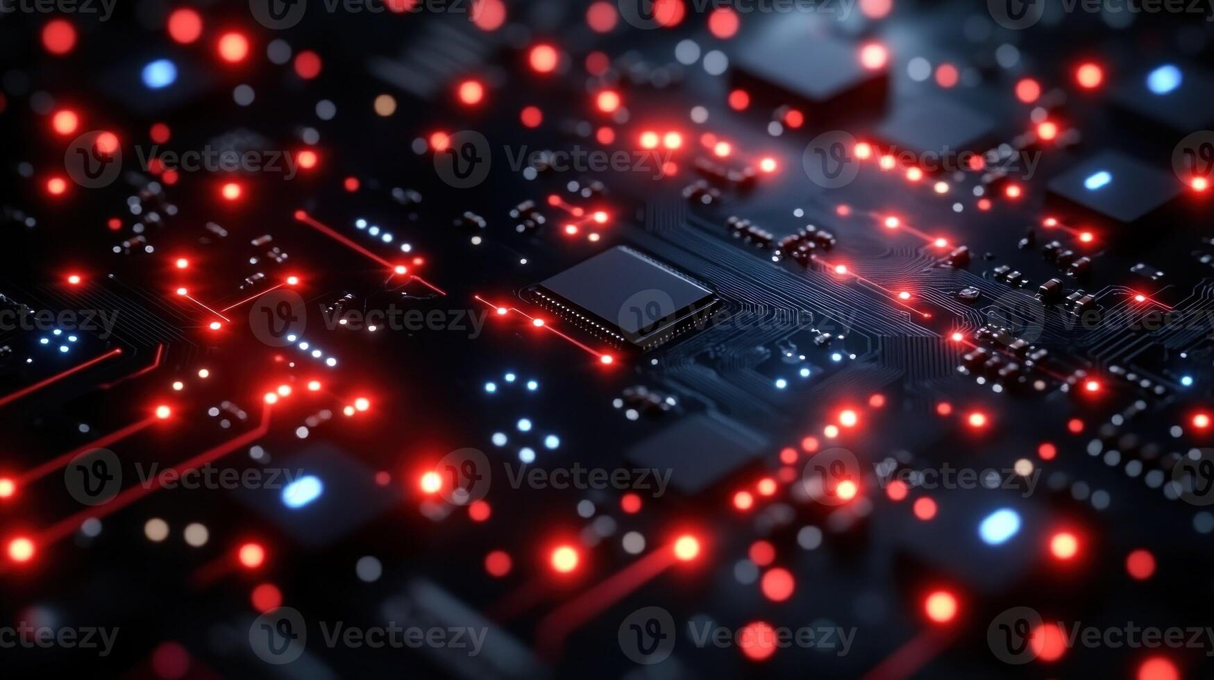 High-tech circuit board illuminated with glowing red and blue lights photo
