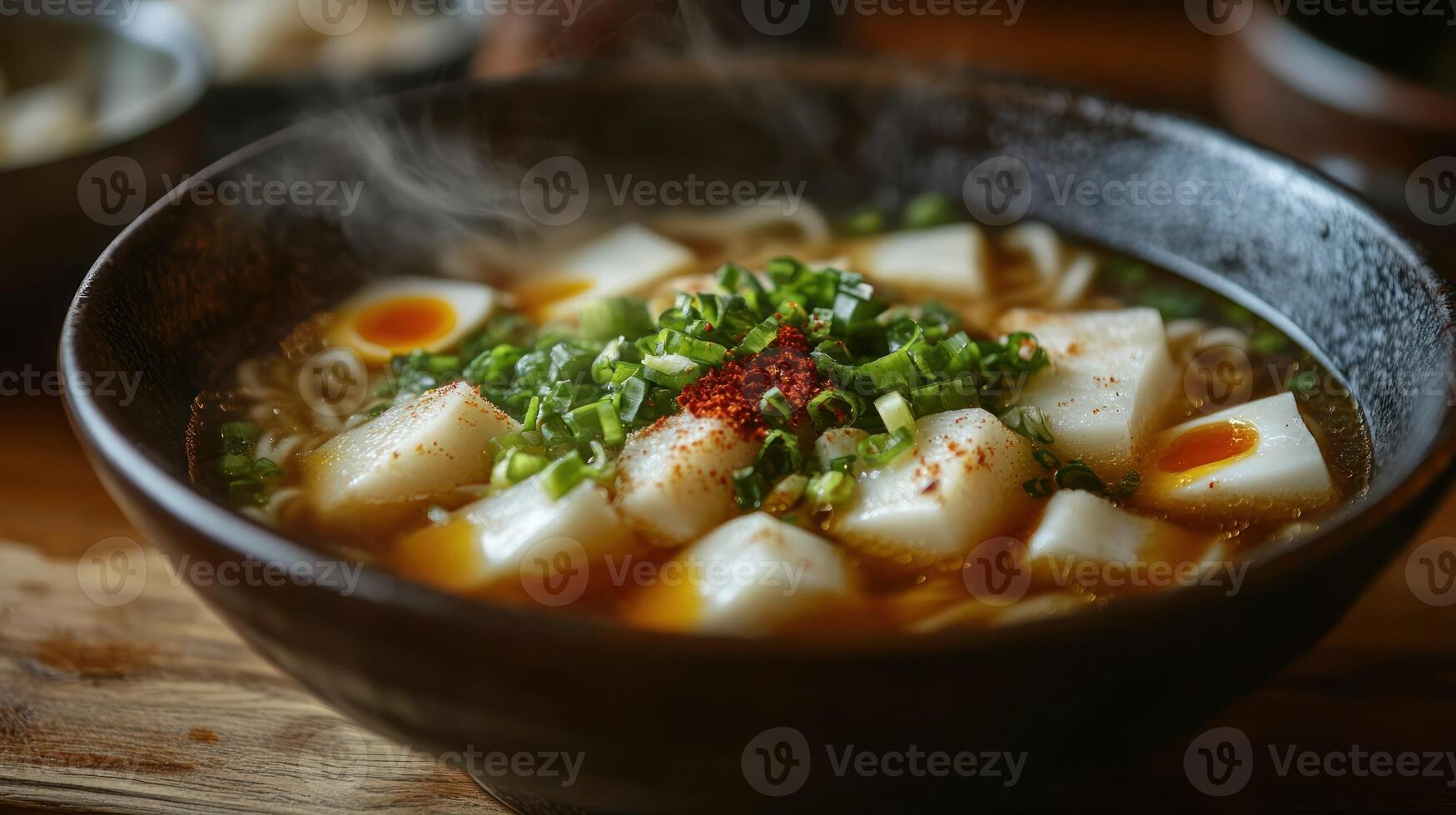 Hearty, steaming bowl of noodle soup photo