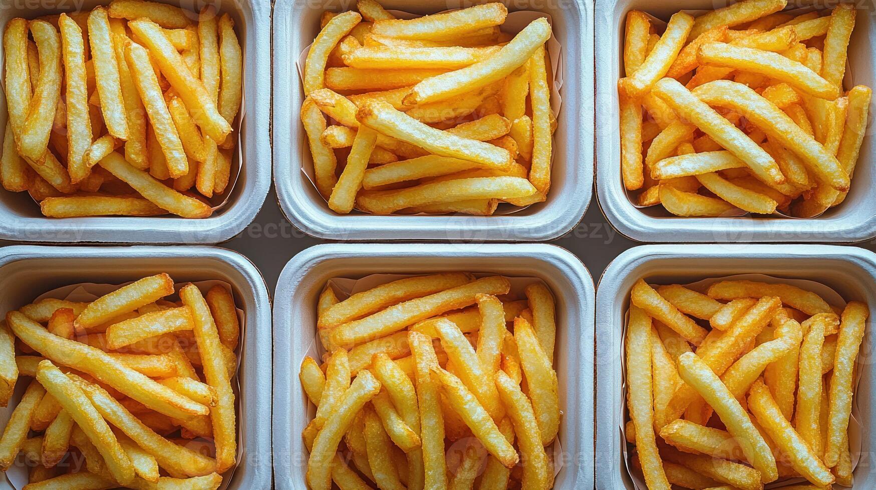 Golden, crispy french fries in small containers photo