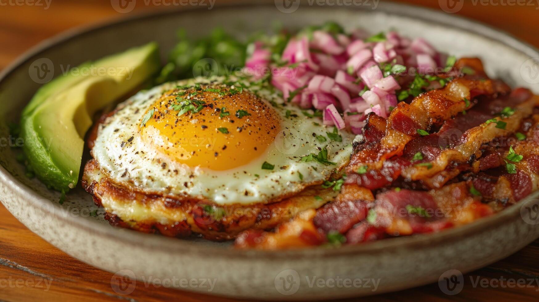 Hearty breakfast platter with fried egg, bacon, hash browns, avocado, and red onion photo