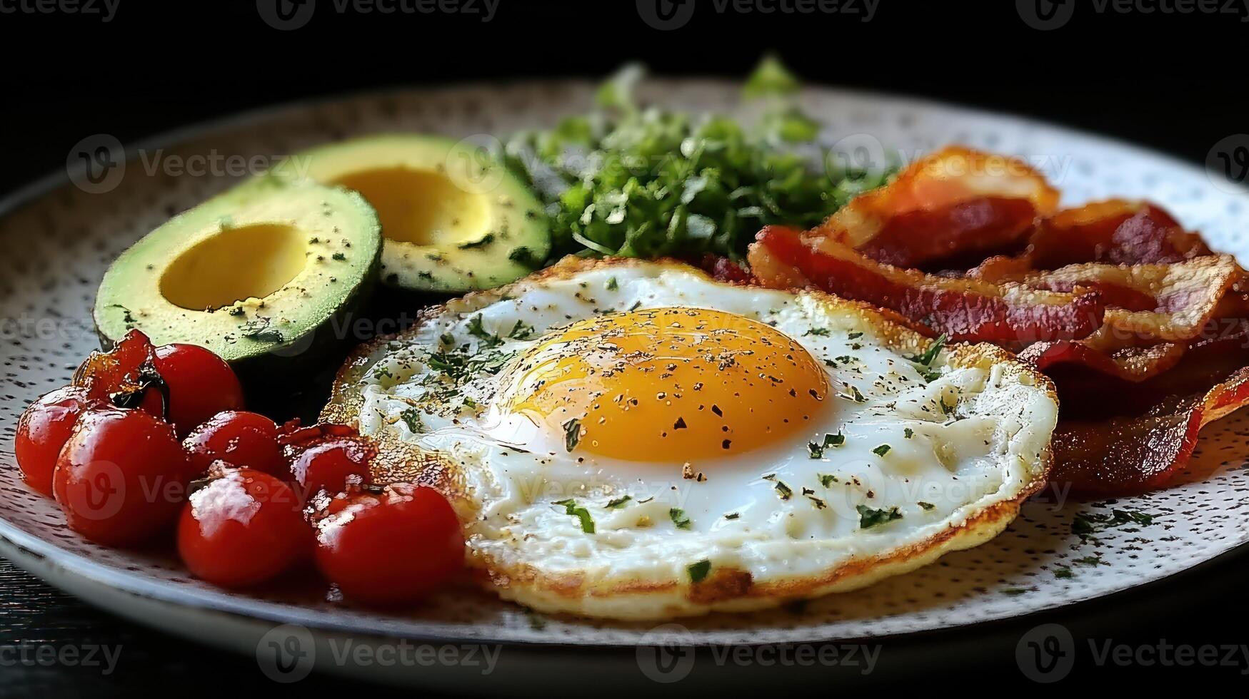 Hearty breakfast plate with fried egg, bacon, avocado, and cherry tomatoes photo