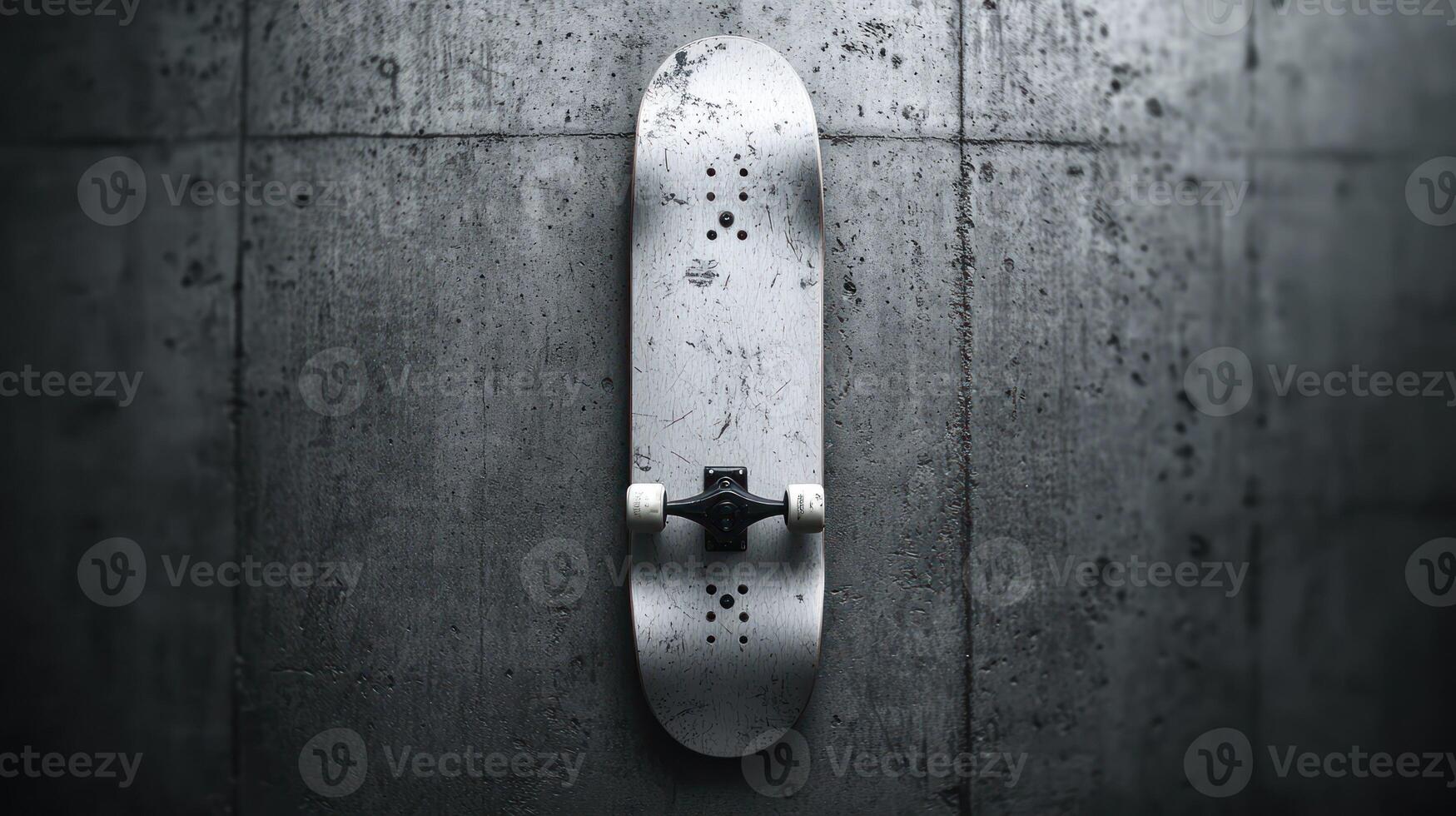 Gray skateboard on concrete wall photo