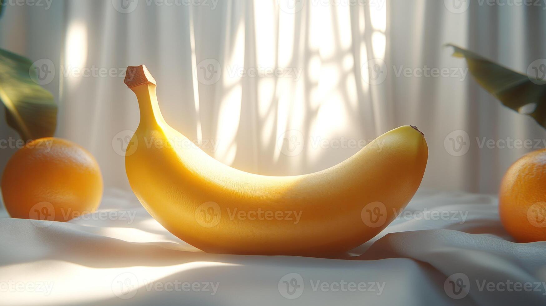 Golden banana and oranges on a soft cloth, bathed in sunlight photo