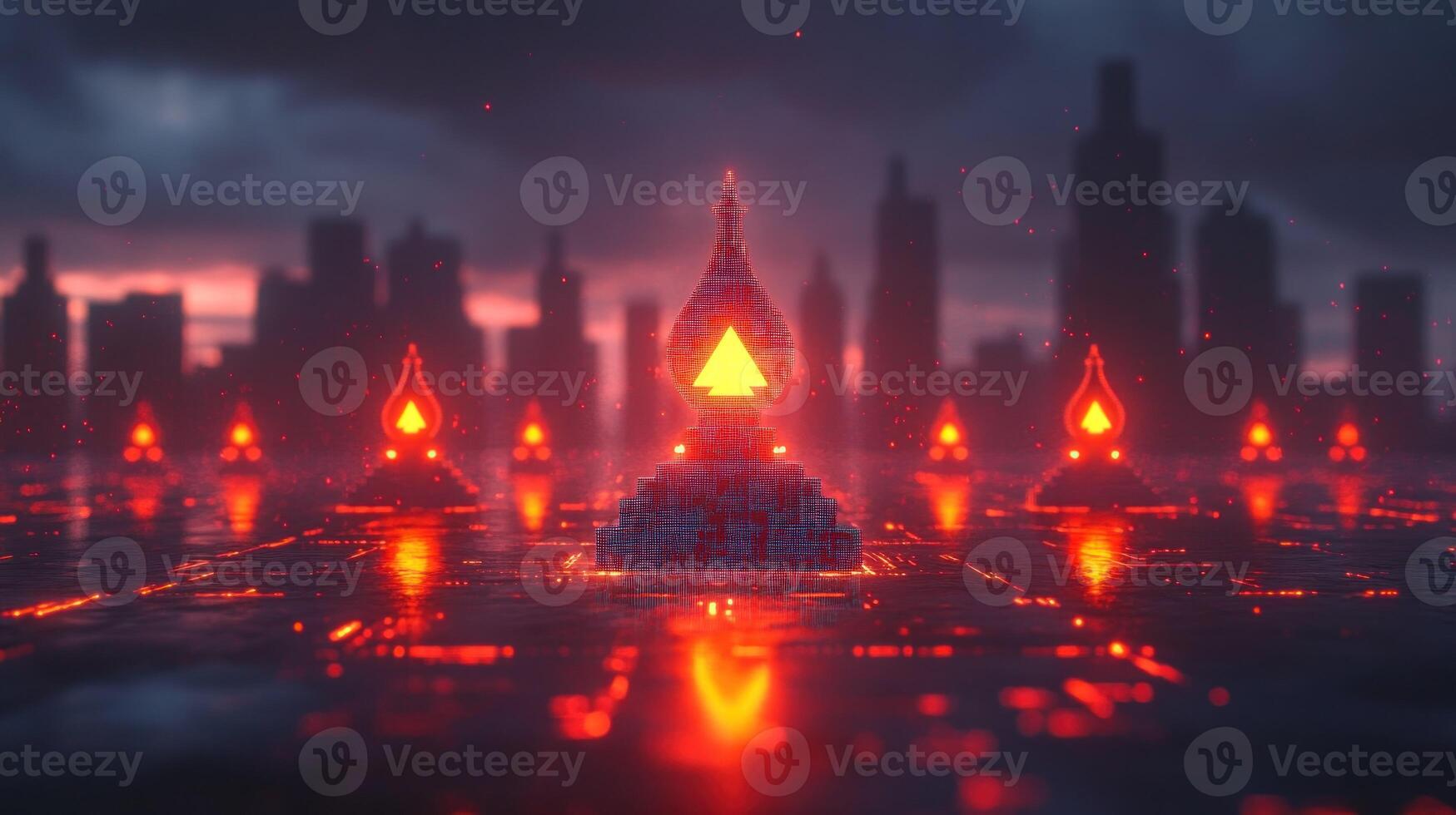 Futuristic temple illuminated by fiery lights in urban backdrop photo