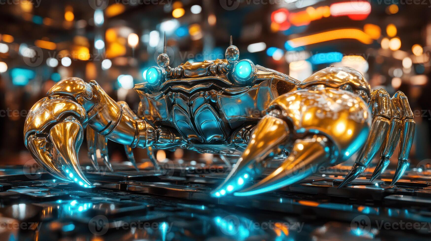 Futuristic crab robot in a city setting photo