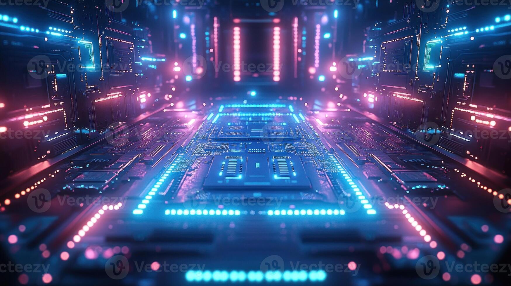 Futuristic, glowing circuit board tunnel photo