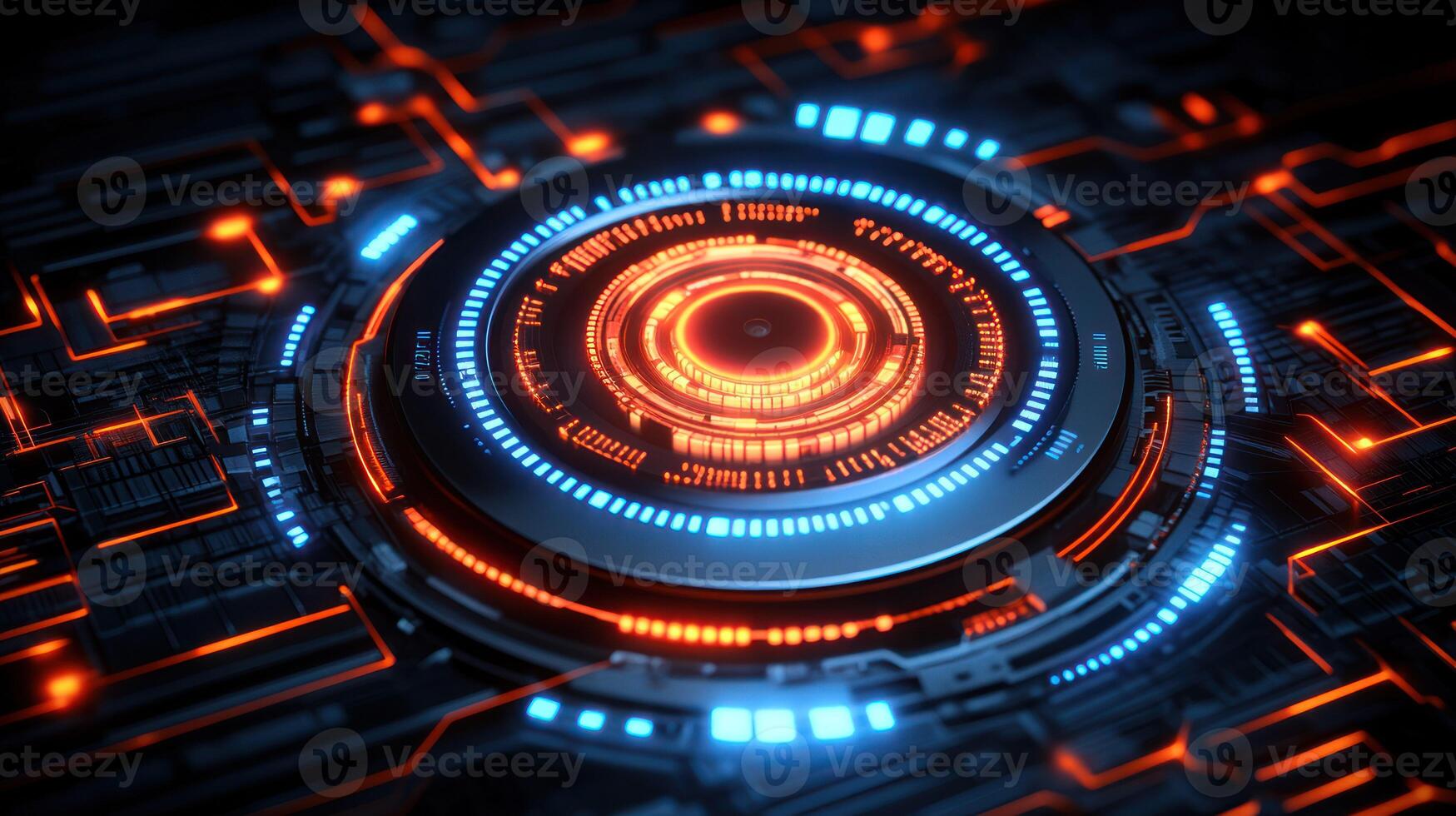 Futuristic circuit board with glowing circular interface photo
