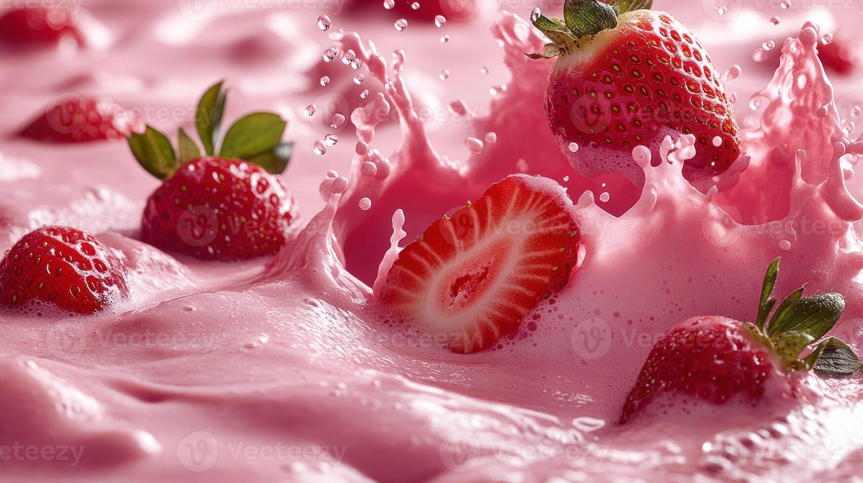 Fresh strawberries in a pink smoothie photo