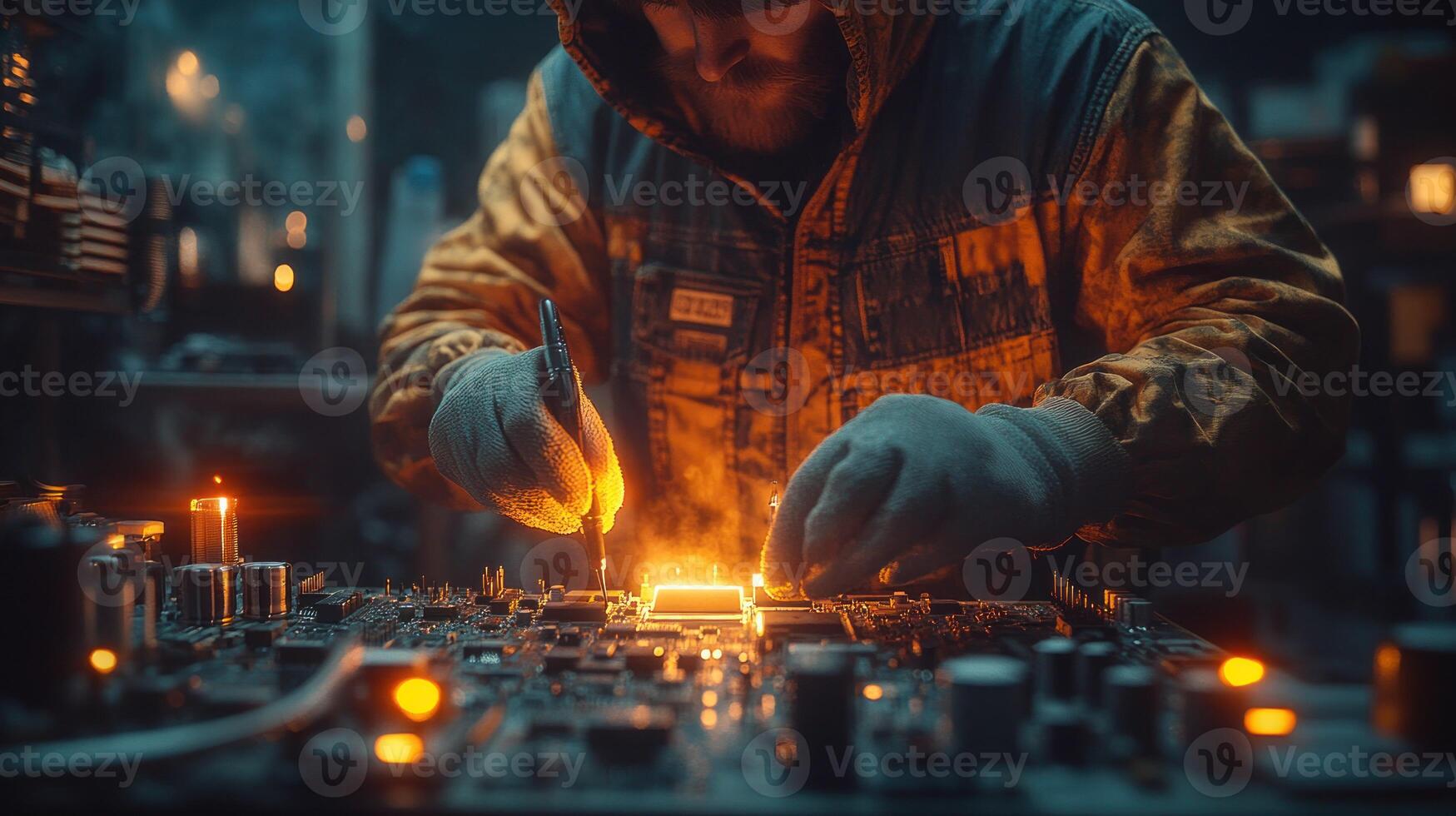 Focused technician repairs circuit board photo
