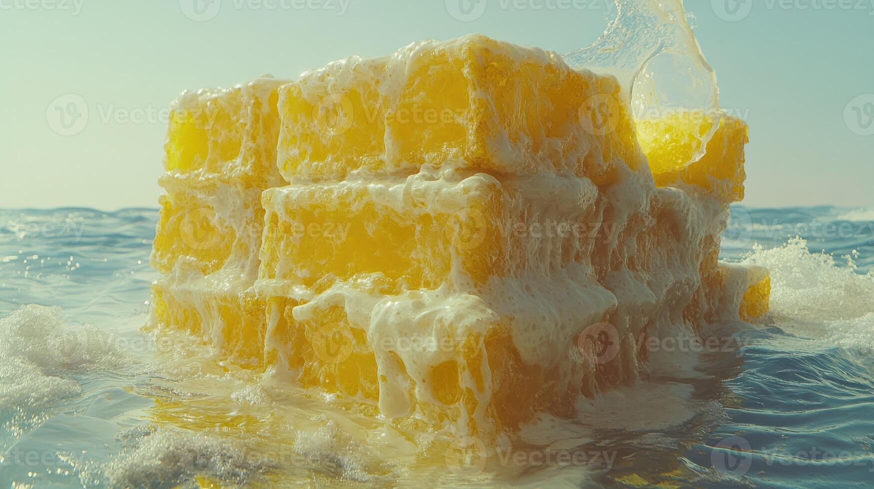 Floating blocks of yellow foam in water photo