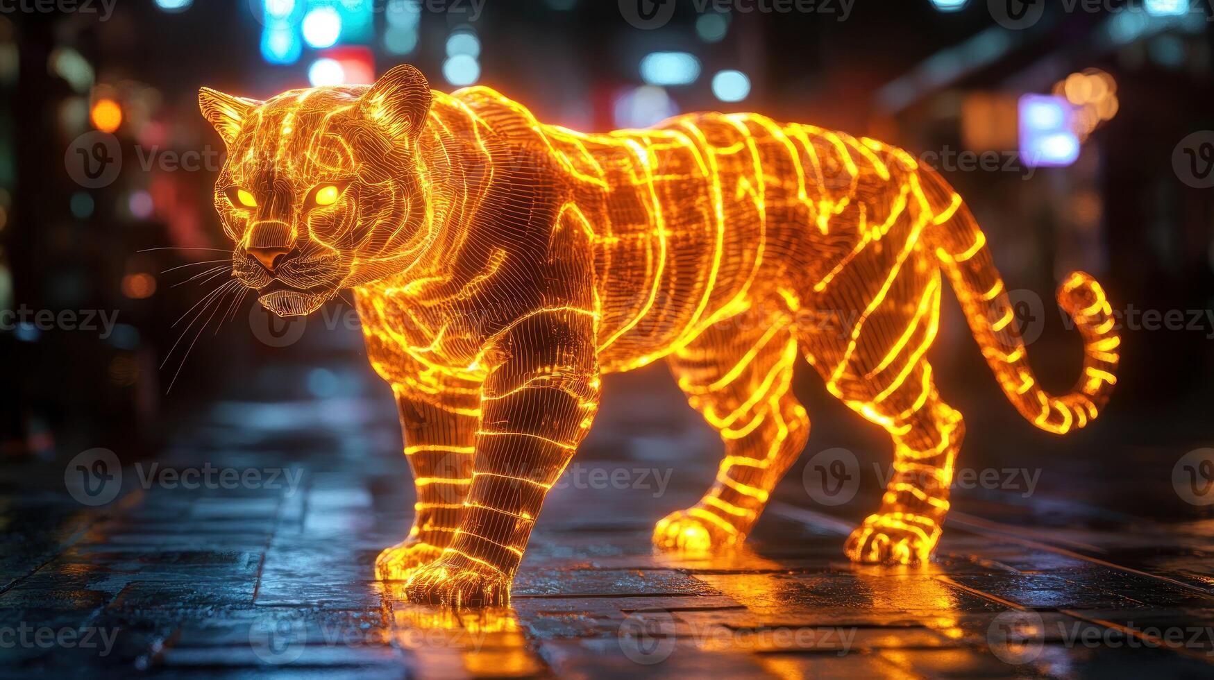 Fierce glowing tiger in a city photo
