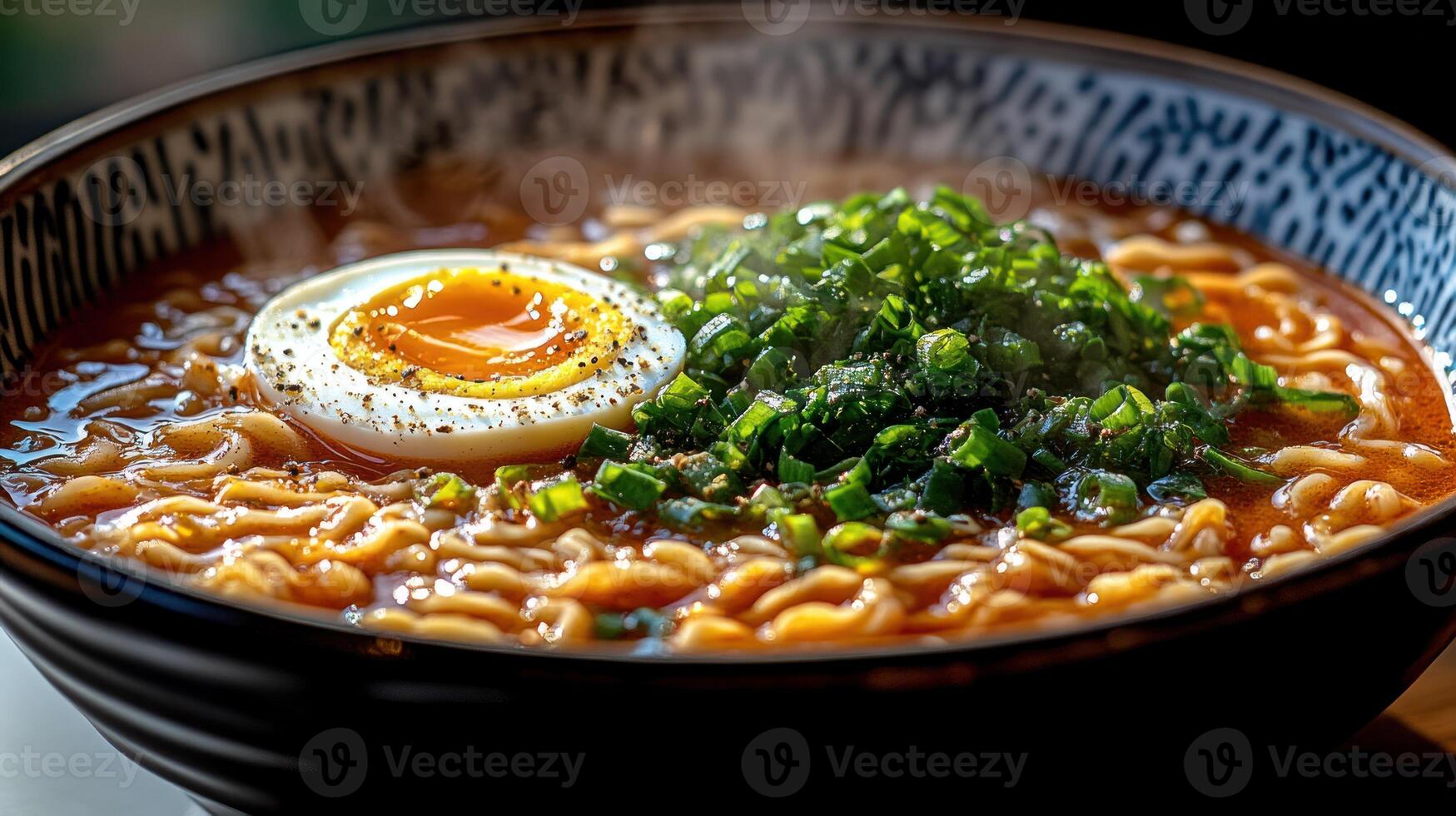 Delicious steaming bowl of instant ramen photo