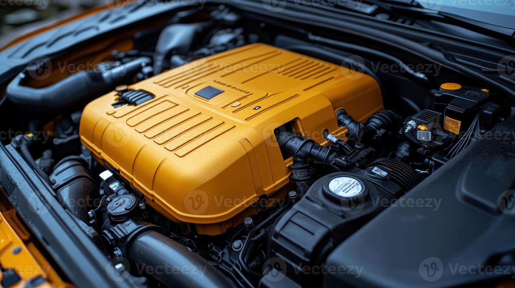Engine bay, close-up view of a custom-painted orange engine cover photo