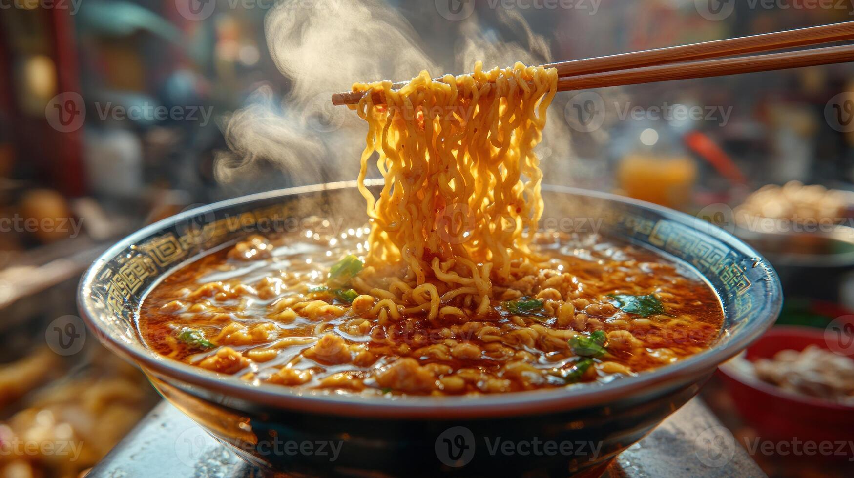 Delicious steaming noodles in a bowl photo