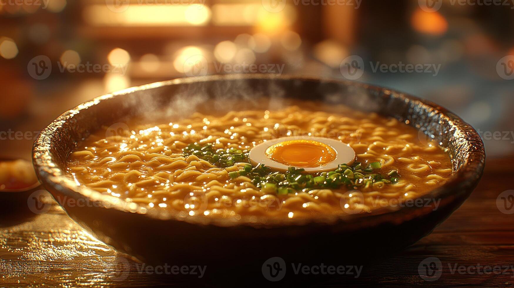 Delicious steaming bowl of ramen photo