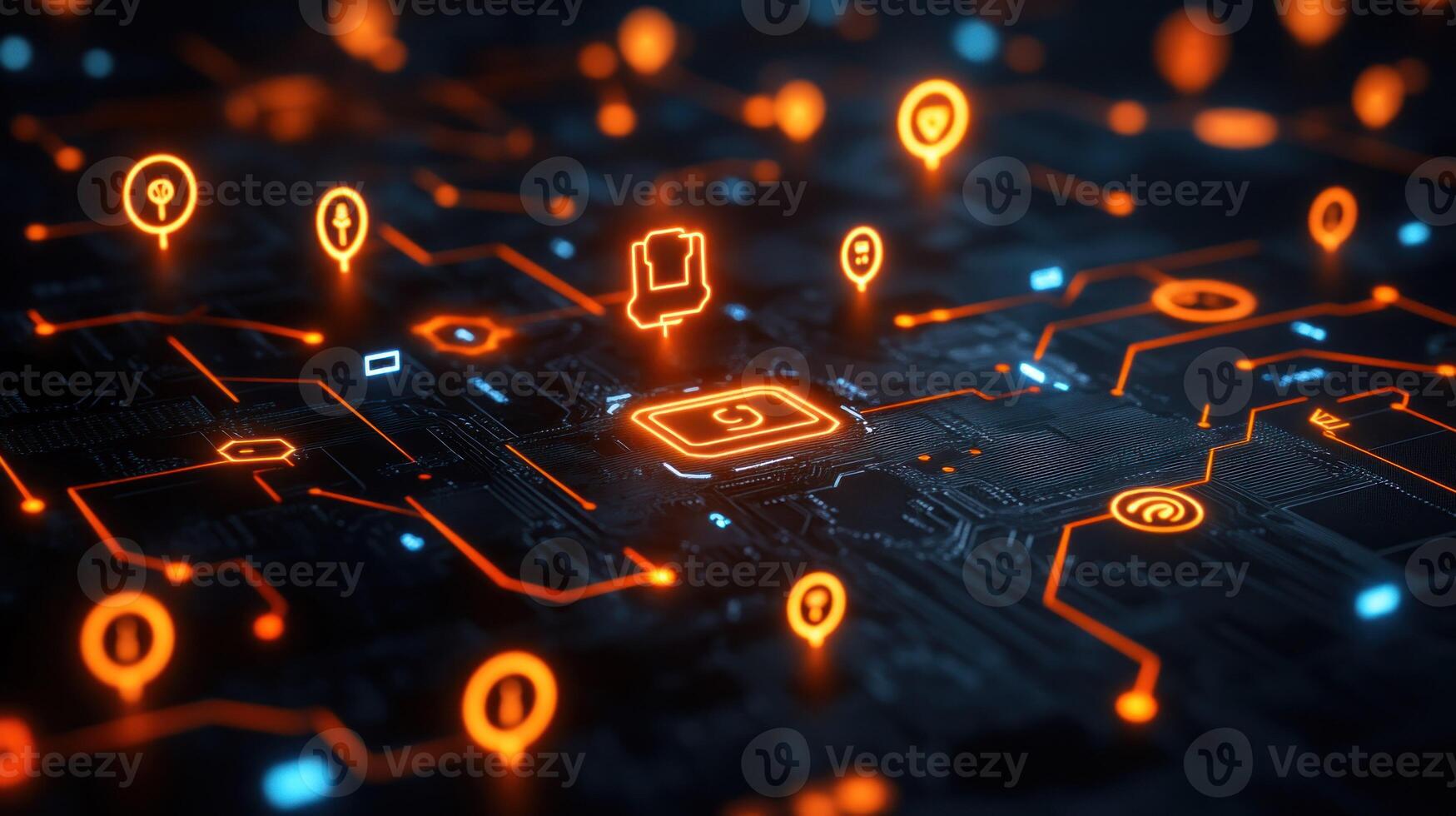 Digital circuit board with interconnected icons photo