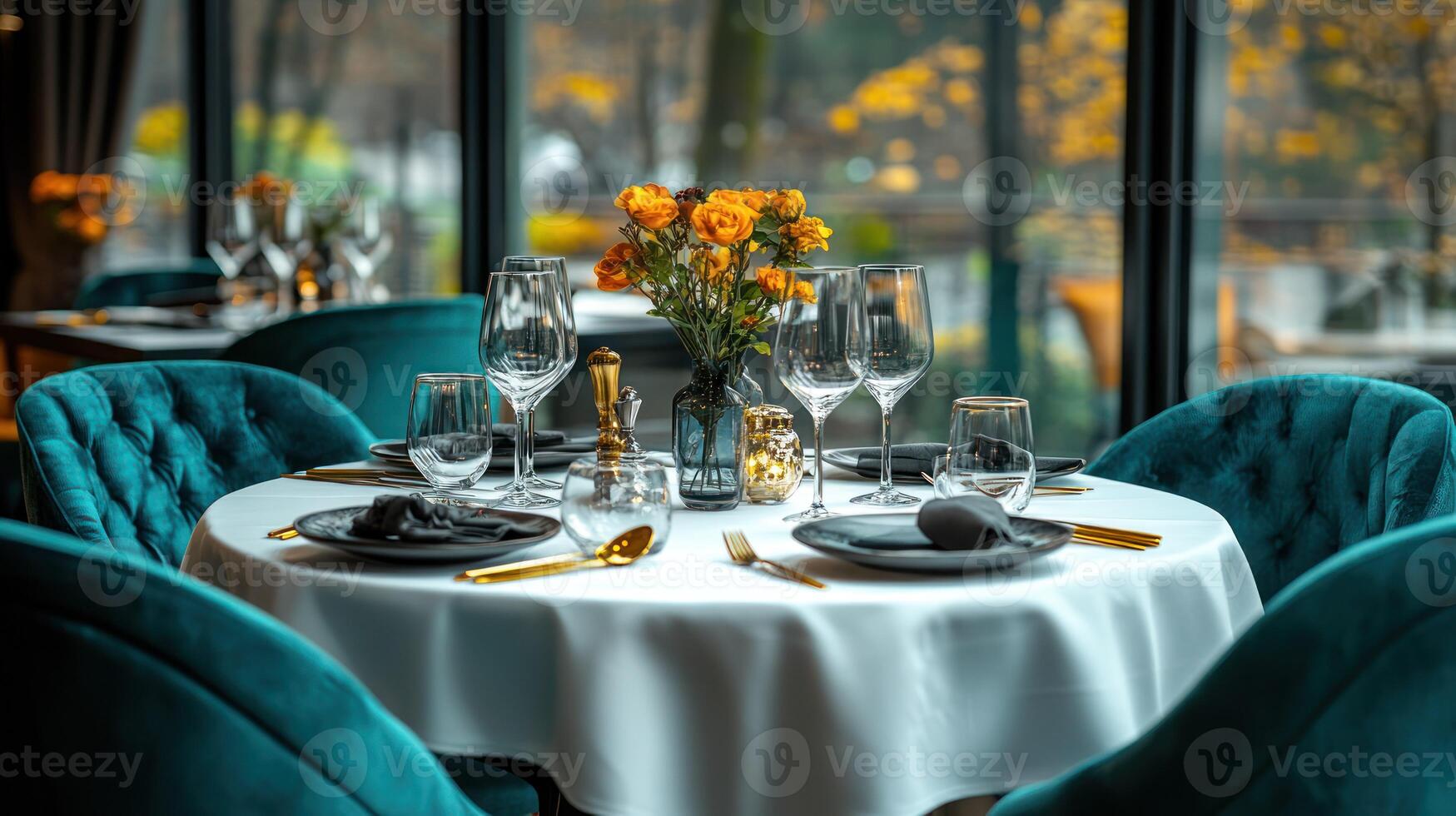 Elegant restaurant table setting with autumnal flowers photo