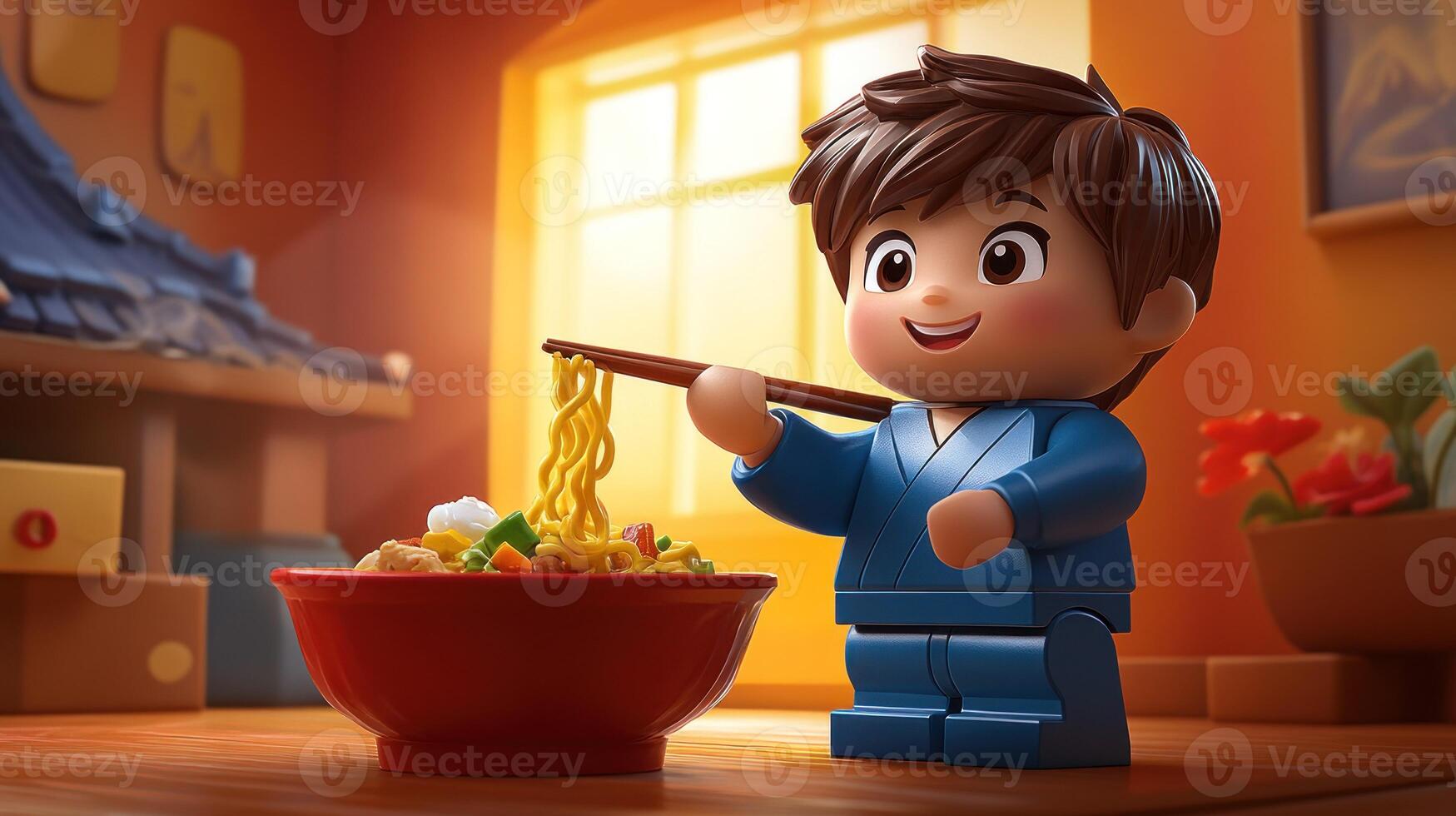 Child enjoying noodles in cozy room photo
