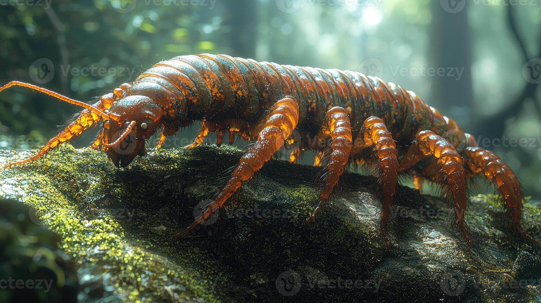 Amber Segmented Creature Crawls Forest Rock photo