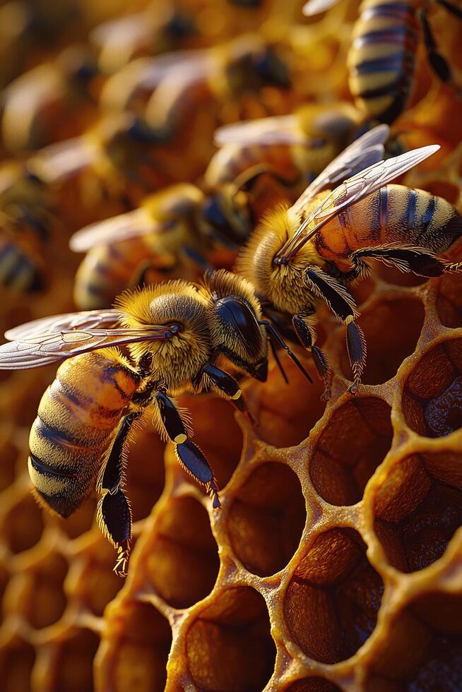 Honeybees working on comb photo