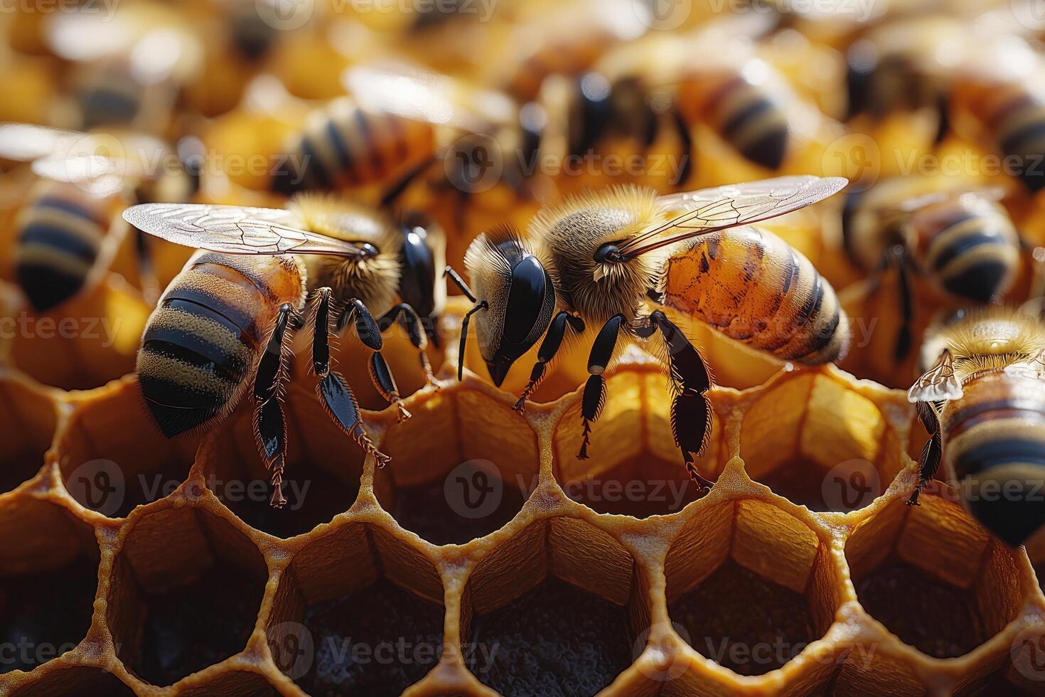 Honeybees Working Together Inside Honeycomb Cells photo