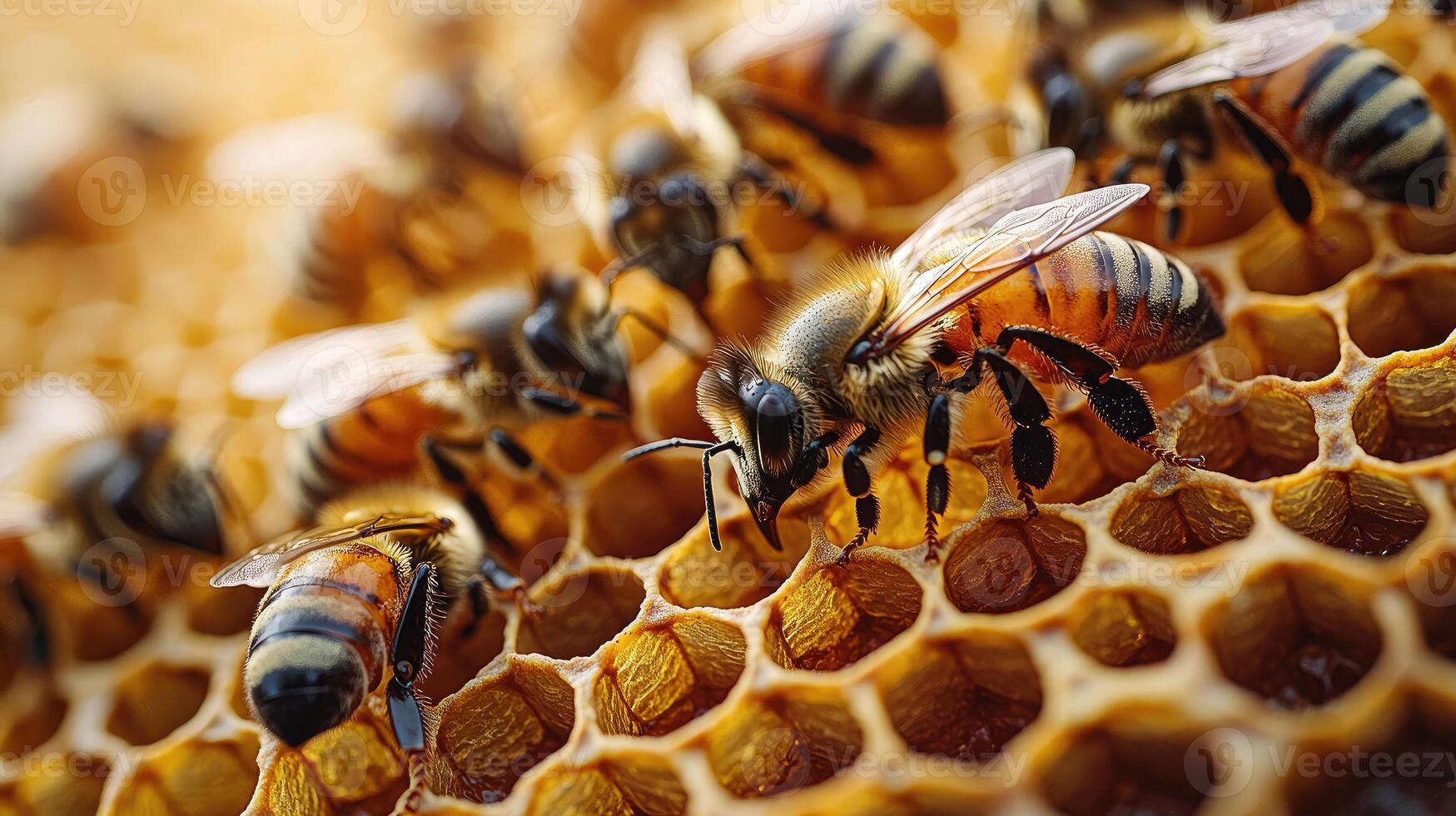 Honeybees Working Together Within A Honeycomb photo
