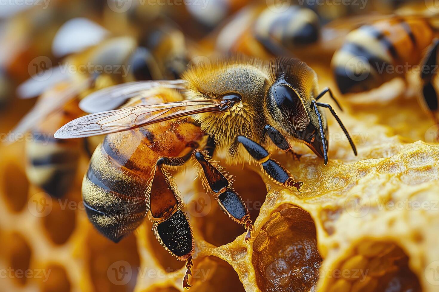 Honeybee on Honeycomb Close Up Detailed photo