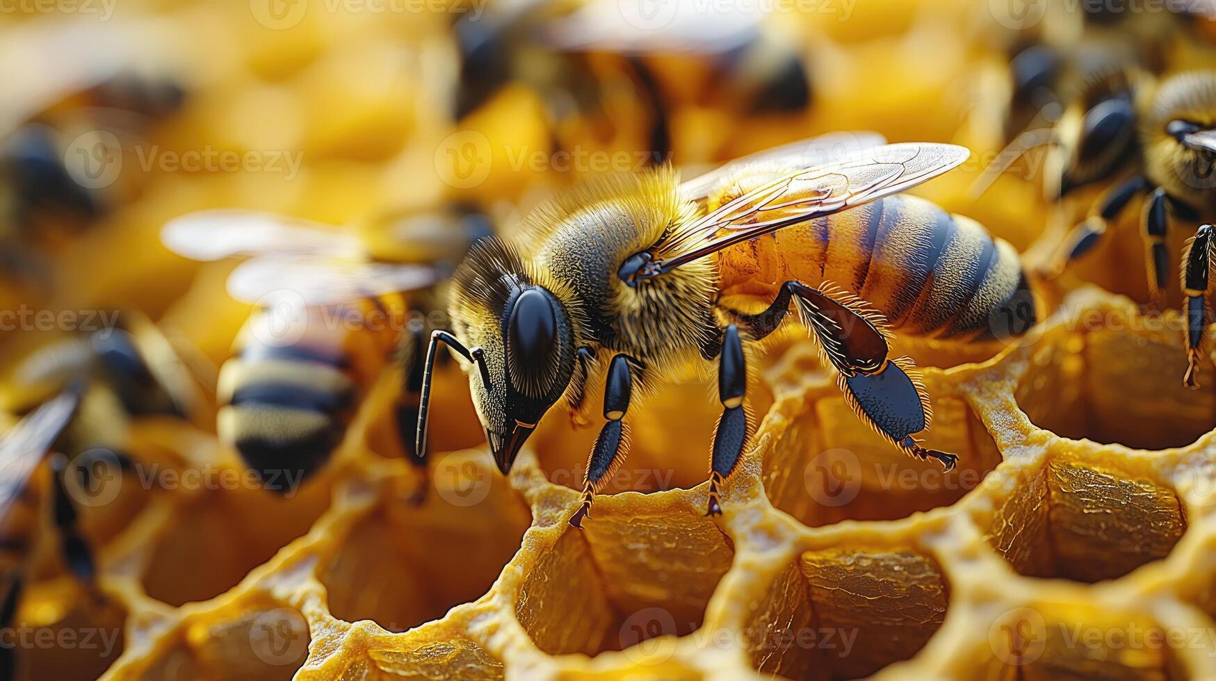 Honeybees Working Within a Golden Honeycomb photo