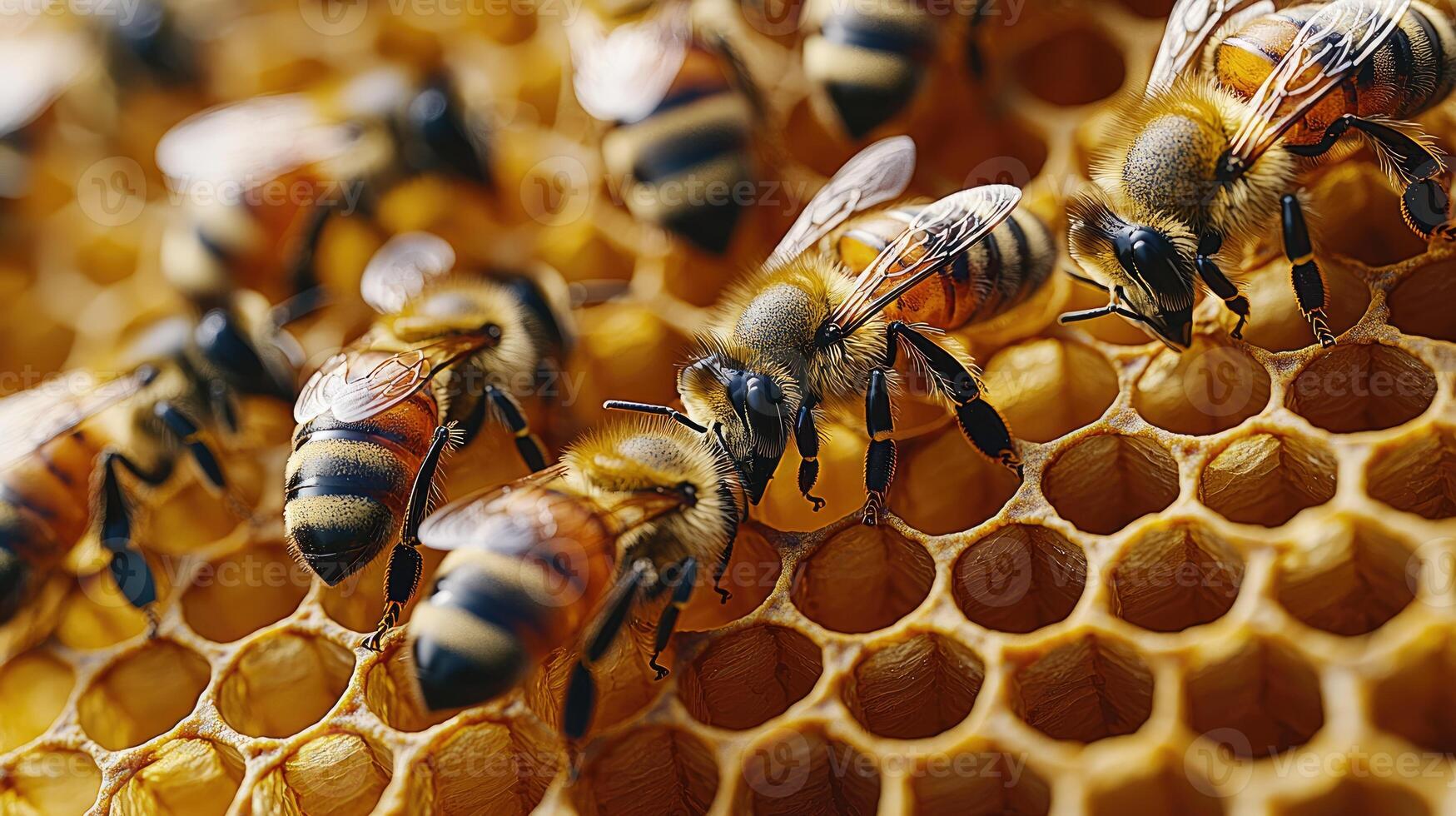Honeybees working in a honey photo