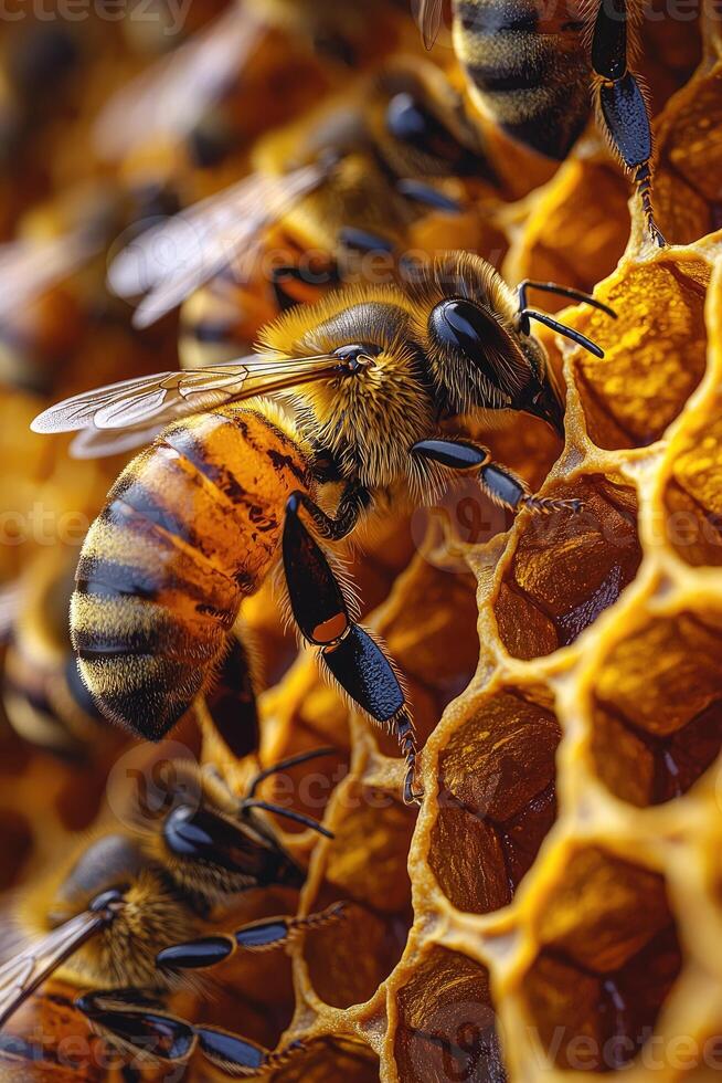 Honeybees diligently in honeycomb photo