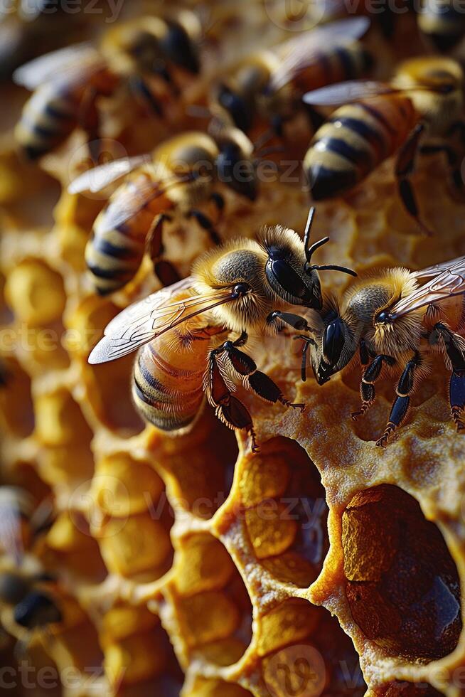 Honeybees Working on Golden Honeycomb Cells photo