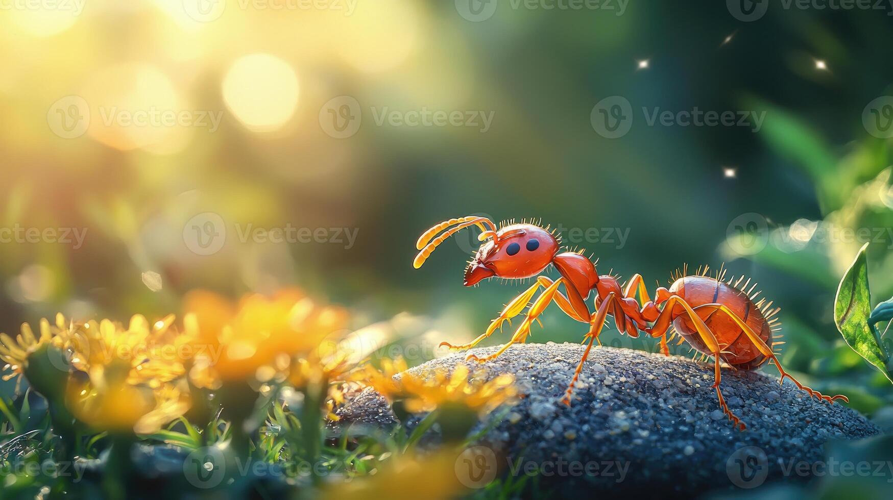 Red Ant on Rock Amidst Golden Flowers photo