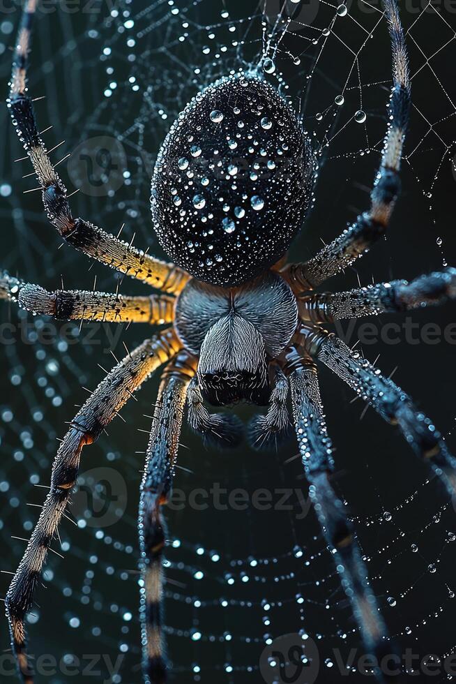 Dew Covered Spider In Its Web A Close Up View photo